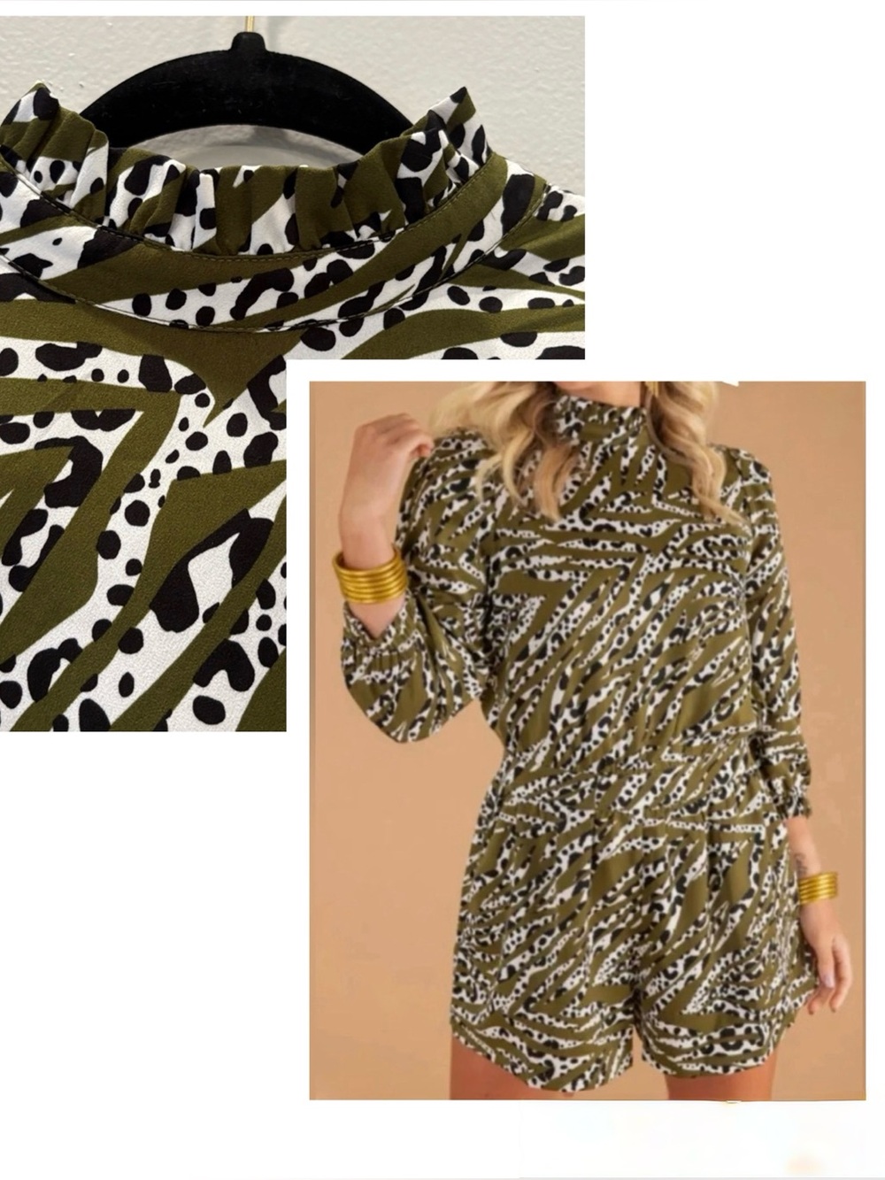 THML Olive Animal Print & Polka Dot Romper w/Ruffled Neckline & POCKETS - Small